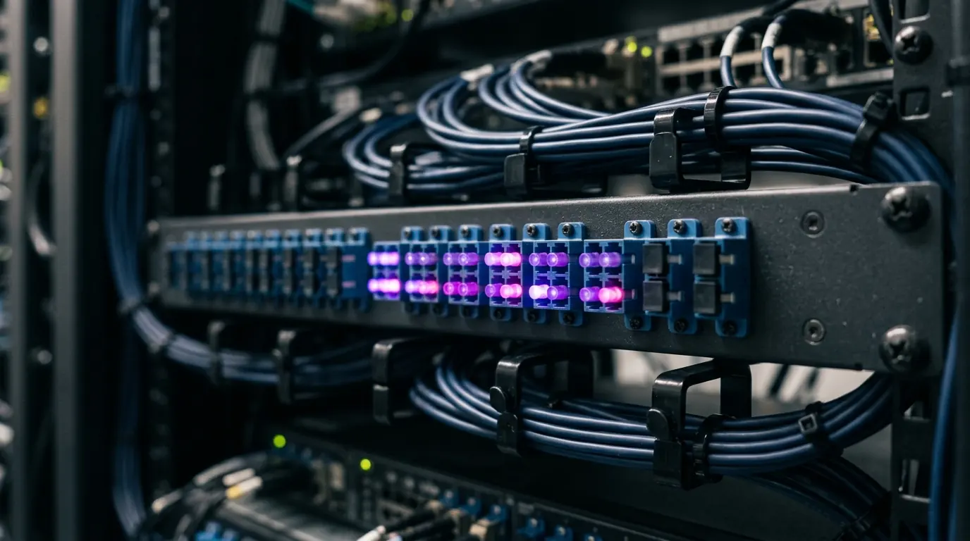 Panneau de brassage optique et ses connecteurs LC.